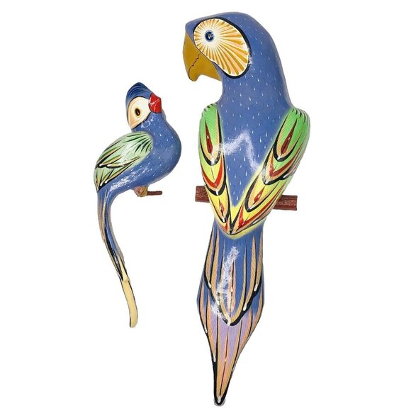 2 Casimas Parrot Hand Painted Bird Figurines Mexico Clay Pottery Folk Art Blue - Picture 1 of 15